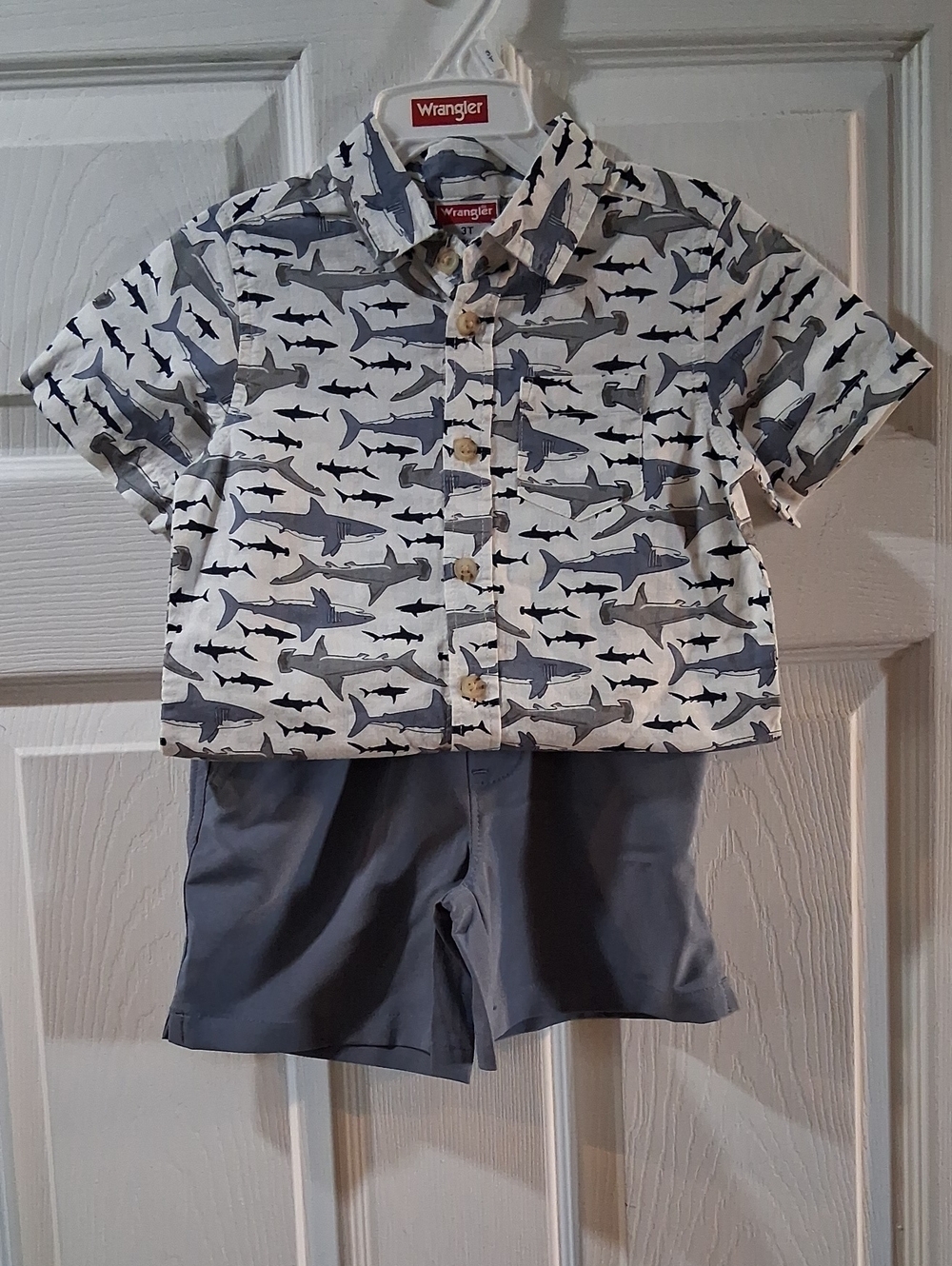 Wrangler White, Blue & Gray Shark Short-Sleeve Button Shirt Set